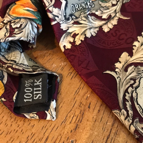 Tabasco Men’s 100% Silk Tie Maroon Tan With Fruit - Picture 6 of 6